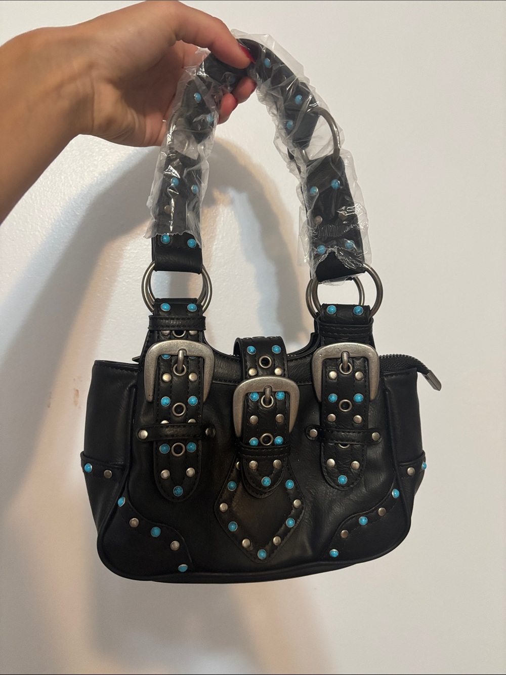 Dolls Kill Black Shoulder Bag with Turquoise Studs